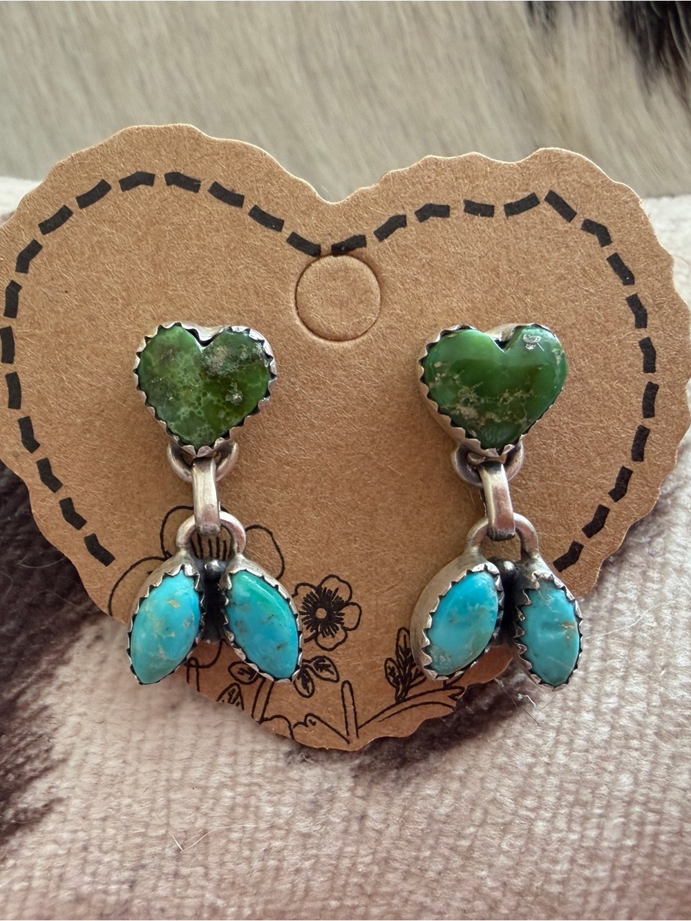 ❤️ Emerald Valley Hearts & Sonoran Blue Turquoise Dangle Stud Sterling Earrings